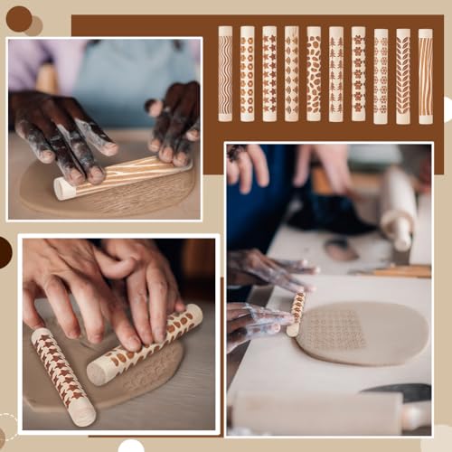NBEADS 10 Pcs 10 Styles Clay Texture Rollers, Ceramics Potters Stamp Roller Tools Textured Rolling Pins for Slab Building Sculpting Handmade Craft Art DIY Design, 4.37x0.63 inch