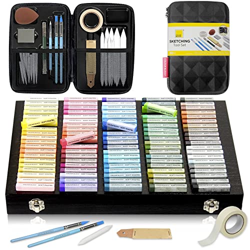 COLOUR BLOCK 130pc Soft Pastel Set & Blending Tools I Wooden Case Chalk Pastels & Versatile Sketching Tools, Drawing Art Blenders for Beginners and Experienced Charcoal Artists
