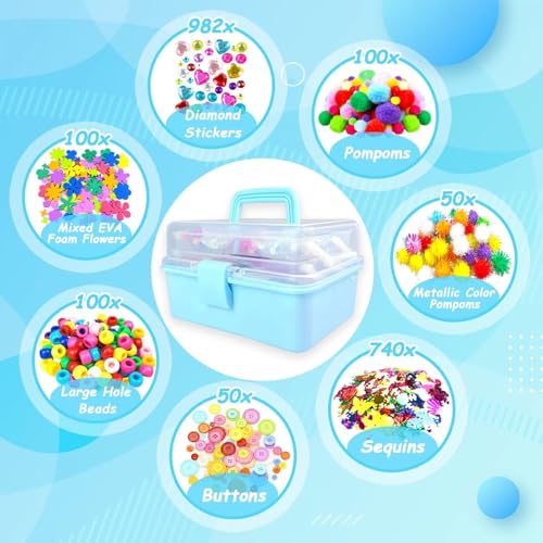 3000 Arts and Crafts Supplies for Kids Craft Kit All in 3 Layered Craft Box with Pipe Cleaners Crafts for Kids Age 4-6, 6-8, 8-12 DIY School Supplies Materials Set Toys Gifts for Girls Boys, Blue - color: blue