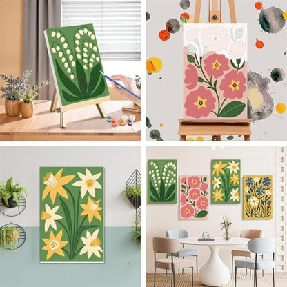 4 Pack Flower Paint by Numbers for Adults with Framed Canvas - Wooden Easel - color: BKH2304+BKH2305+BKH2306+BKH2307