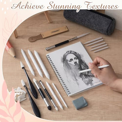 AmazingSpark 40 Pcs Blending Stumps for Drawing Set Sketch Drawing Tools Accessories with Sandpaper Pencil Sharpener Extension Tool Erasers, Sponge Replacement Heads & Felt Bag for Charcoal Sketch