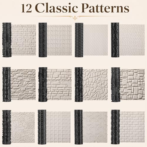 Conderyang 13Pcs 3D Printed Clay Texture Roller Set 12-Pattern Clay Roller with Handle Handheld Pottery Rollers Texture Wheel Polymer Tools for Artists Pottery Creation Ceramic Modeling DIY (Black)
