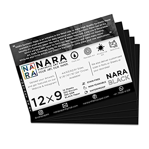 NARA Alcohol Ink Paper | Black | 12 inches x 9 inches (12”x9”) | 350 microns/360 GSM | Medium+ Paper | 10 Sheets | Paper for Alcohol Ink Art Painting | 100% Stain-Free - color: Black_Rectangle_Paper Sheets_03