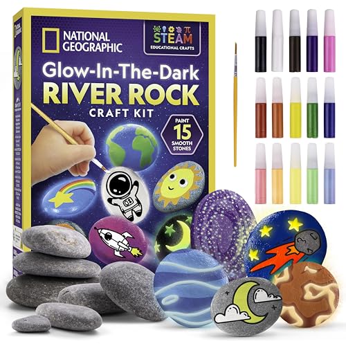 National Geographic Glow-in-the-Dark Rock Painting Craft Kit for Kids | 15 River Rocks, 15 Paint Colors, Glow Paints, Brushes and Art Supplies, Kids Craft Activity, Creative Birthday Gift - style: Glow in the Dark