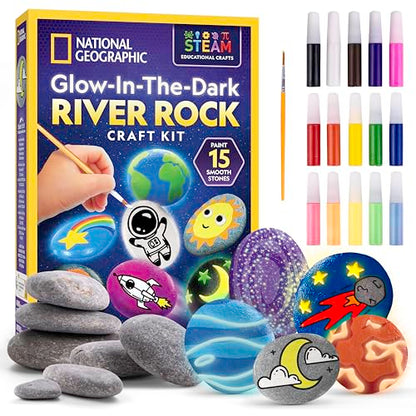 National Geographic Glow-in-the-Dark Rock Painting Craft Kit for Kids | 15 River Rocks, 15 Paint Colors, Glow Paints, Brushes and Art Supplies, Kids Craft Activity, Creative Birthday Gift - style: Glow in the Dark