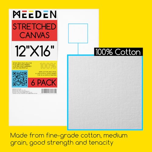 MEEDEN Stretched Canvas, 12 × 16 Inch, Pack of 6, Blank White Canvases for Painting, 100% Cotton, 13 oz Gesso-Primed, Pre-Stretched Canvas for Acrylic Oil Pouring & Airbrushing Painting - size: 12''x16''- 6 Pack