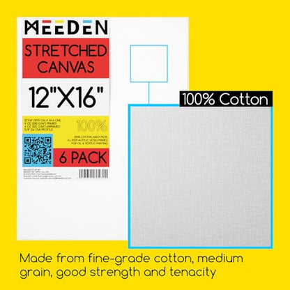 MEEDEN Stretched Canvas, 12 × 16 Inch, Pack of 6, Blank White Canvases for Painting, 100% Cotton, 13 oz Gesso-Primed, Pre-Stretched Canvas for Acrylic Oil Pouring & Airbrushing Painting - size: 12''x16''- 6 Pack