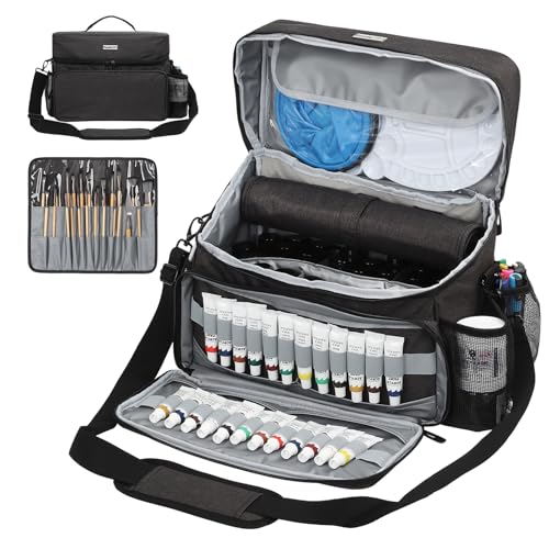Acrylic Paint and Brush Set Organizer Bag - Carrying Case Compatible with Apple Barrel, Shuttle Art, Caliart Art Supplies - Includes Detachable Paint Brush Holder - for Home/Travel/Outdoor (Pro Black) - color: Pro Black
