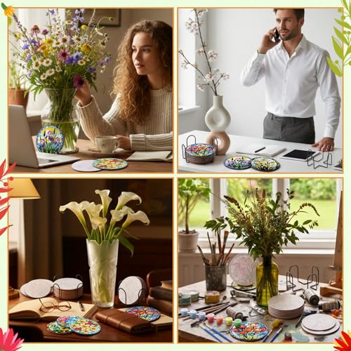 Reallnaive 8 Pcs Flower Paint by Numbers Kit for Adults Wood Floral Coaster - style: Floral
