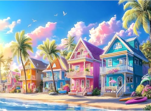 GEWOUVIN Beach House Diamond Art Kits for Adults,Diamond Painting Kits for Adults Beginners, DIY Full 5D Round Drill Gem Art Kits for Gift Home Wall Decor【15.7x11.8inch】 - color: Beach House