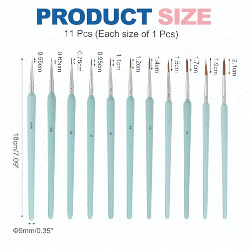 MECCANIXITY 11 Pcs Detail Paint Brushes Set, 5.5mm-21mm Fine Pointed Tip Miniature Paint Brushes for Acrylic Painting Oil Watercolor(00000/000/00/0/1/2/3/4/5/6/7), Light Blue - color: Light Blue