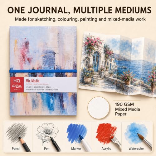 HQ Finestroke Accordion Sketchbook Mixed Media Journal 6x8 Pack of 3 | 9 connected panels unfold into one continuous drawing surface