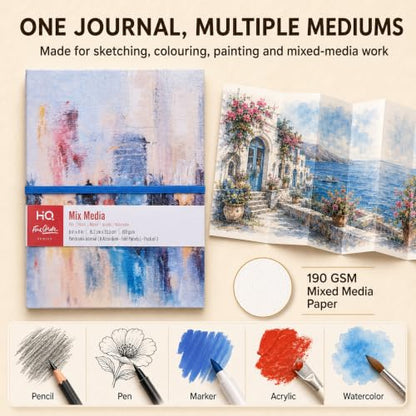HQ Finestroke Accordion Sketchbook Mixed Media Journal 6x8 Pack of 3 | 9 connected panels unfold into one continuous drawing surface
