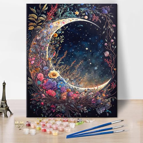 TUMOVO Moon Floral Adult Paint by Number Kit on Canvas | moon floral 16x20 inch canvas kit with acrylic paints, turn blank canvas into art and display as wall decor.