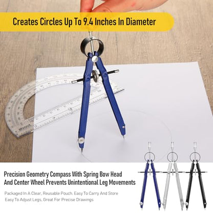 Zonon 12 Pcs Compass for Geometry Drawing Metal Compass with Extra Refills and Screws Circle Maker Back to School Circle Drawing Tool for Math Drafting Measuring Woodworking Office, 3 Colors