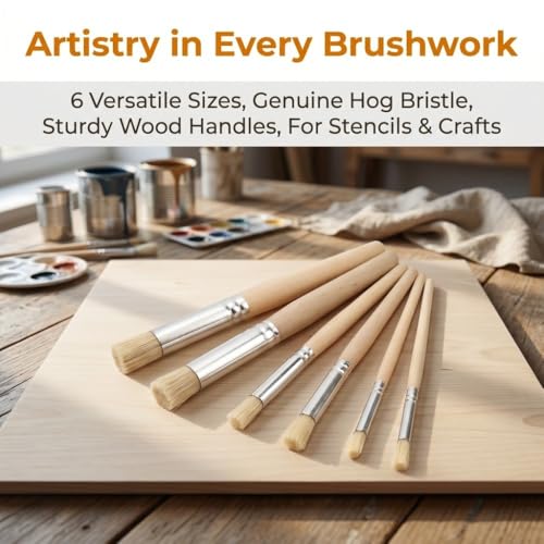 6 Pcs Round Brush Tip Wooden Stencil Paint Brushes Set Wood Handle Stiff Brushes for Acrylic, Oil, Watercolor Painting and Texture Art Creation