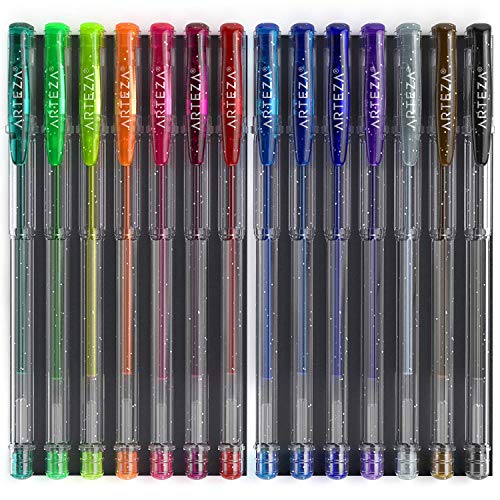 ARTEZA Glitter Gel Pens, Set of 14 – Colored Ink Markers with Triangular Grip, 0.8–1.0 mm Tip for Adult Coloring, Drawing & Decorative Writing - color: Yellow