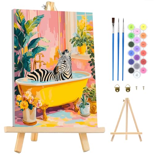 MAXBYE Framed Paint by Numbers Kit for Adults, Zebra in Bathtub Canvas Painting by Number with Wooden Easel, DIY Acrylic Craft Art Kits with Tools for Beginners Gift Home Wall Decor 10×14 in - color: ZL058