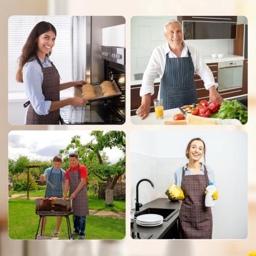 2 Pack Waterproof Kitchen Apron, Striped Bib Apron with 2 Pockets | Lightweight Polyester, Ideal for Cooking, Baking, BBQ, Dishwashing, Gardening, Cafe Work - color: Dark Blue Vertical Stripe/Brown Plaid
