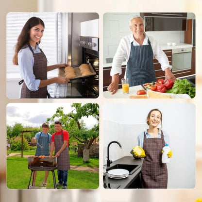 2 Pack Waterproof Kitchen Apron, Striped Bib Apron with 2 Pockets | Lightweight Polyester, Ideal for Cooking, Baking, BBQ, Dishwashing, Gardening, Cafe Work - color: Dark Blue Vertical Stripe/Brown Plaid