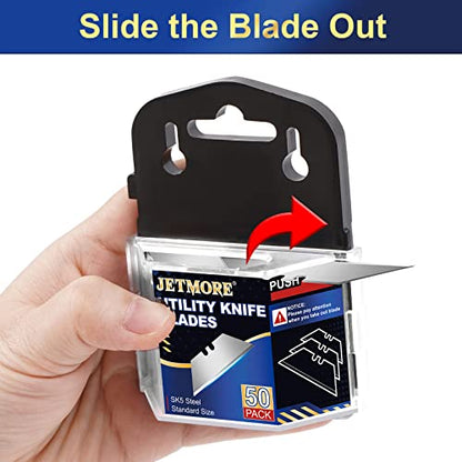 Utility Knife Blades, 50 Pack Heavy Duty Box Cutter, SK5 Blades | High-carbon steel cuts cardboard, leather and roofing, utility blades fit standard knives, with razor blades stored safely - size: 50 Pack