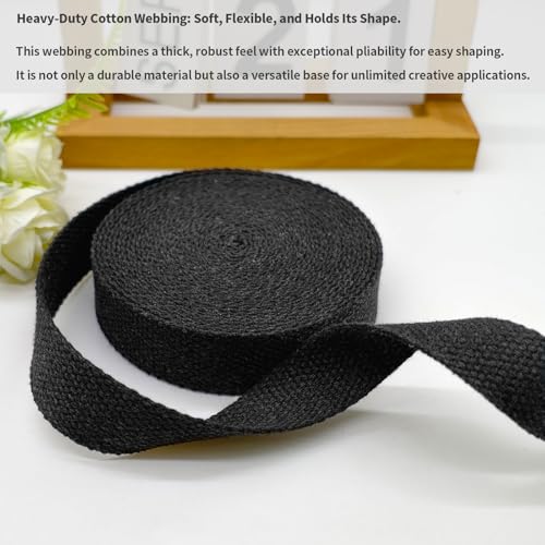 Black Heavy‑Duty Cotton Webbing Strap 1''x6yds for Bags | 2mm thick webbing for dog collars, backpack, bag handles, apron straps, slings, sewing repairs & DIY craft projects. - color: Black