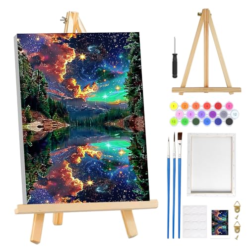 MOGTAA Starry Sky Paint by Numbers Kit for Adults Beginners with Frame, Lake and Mountains Adult Paint by Number Kits on Canvas with Easel, Easy DIY Oil Painting Kits for Home Decor, 8x12in - color: Starry Sky2