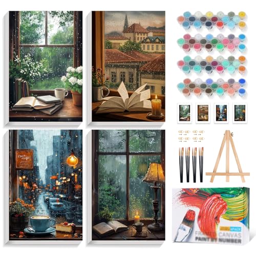4 Pack Framed Paint by Numbers Kit for Adults Window View, Wooden Easel | With Frame, Book Lovers DIY Acrylic Painting, For Adults Beginner, Stress Relief Craft Kits, Home Wall Decor Gift, 8x12 IN - color: YOP4P03