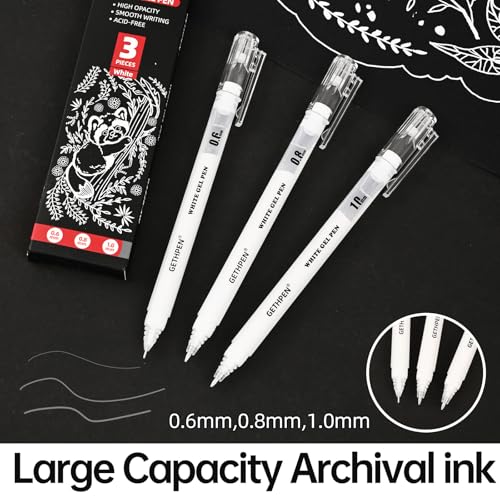 GETHPEN White Gel Pens, 0.6/0.8/1.0mm Fine Point White Pens Set, 3 Pack | Opaque White Archival Ink Pens, for Black Paper Drawing,High-lights, Sketching, Illustration, Card Making, Bullet Journaling - color: White