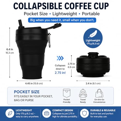 Silicone Coffee Cup with Straw lid Collapsible Cups for Traveling 20oz Lightweight Folding Water Mug for Picnic Hicking Camping Climbing (Blue) - color: Blue