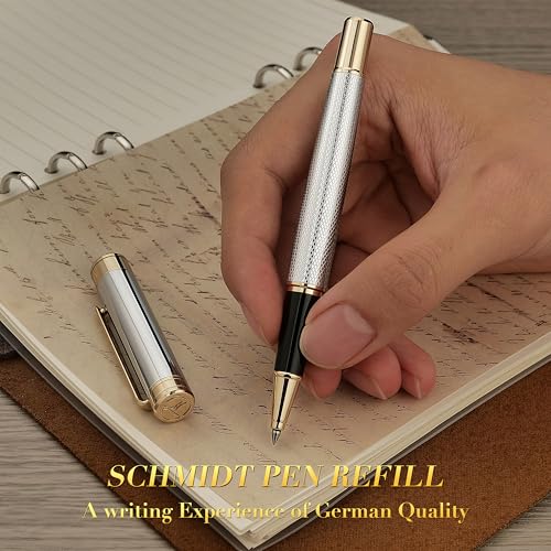MCNTEIK Silver Chrome Rollerball Pen, Stunning Luxury Pen with Mesh Texture Design、Silver Chrome Finish and 24K Gold Accents, Nice Gift Set for Men & Women, Business, Executive, Office, Fancy Pens - color: Silver Chrome with Gold