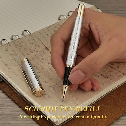 MCNTEIK Silver Chrome Rollerball Pen, Stunning Luxury Pen with Mesh Texture Design、Silver Chrome Finish and 24K Gold Accents, Nice Gift Set for Men & Women, Business, Executive, Office, Fancy Pens - color: Silver Chrome with Gold