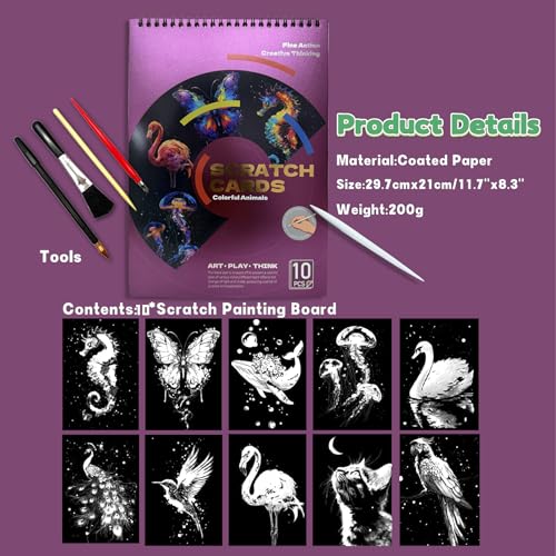 DESINIK Animals Scratch Art Painting Book for Adults-Colorful Animal Scratch Paper|Scratch Painting Paper Craft Kit|Creative Foil Engraving Scratch Art|Stress Relief Gift for Craft Lovers(10PACK) - color: Animals A4 -10PACK