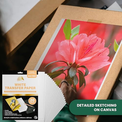MyArtscape White Graphite Transfer Paper A4 20 Wax Free Sheets | 20 white wax free carbon paper graphite paper sheets for clean erasable tracing on dark surfaces and fabric