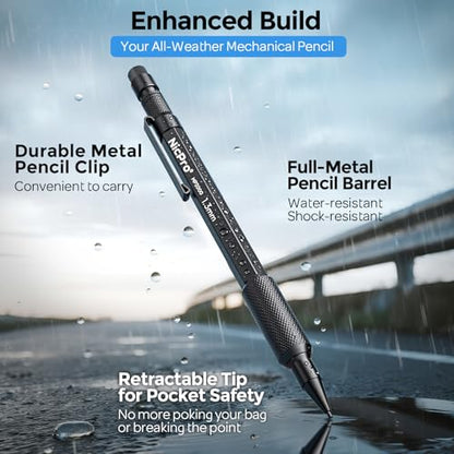 Nicpro 3 PCS 1.3 mm Mechanical Pencils Set with 48 Lead Refill, 3 Eraser | MP2000 Black Weatherproof Metal Barrel, Heavy Duty Carpenter Pencil for Outdoor Construction Marking Drafting and Drawing - style: 3 Pack (Black)