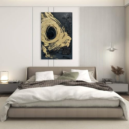Art Hand-Painted Black and Gold Abstract Texture Oil Painting Modern Canvas Wall Art Deco 45x30 inches - color: Yi092