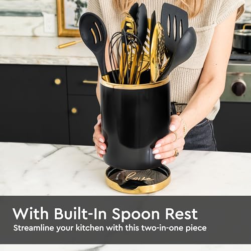 STYLED SETTINGS Black and Gold Utensil Holder with Built-in Spoon Rest | 2-Piece Black and Gold Spatula Holder, Kitchen Accessory, Utensils Not Included - color: Black & Gold