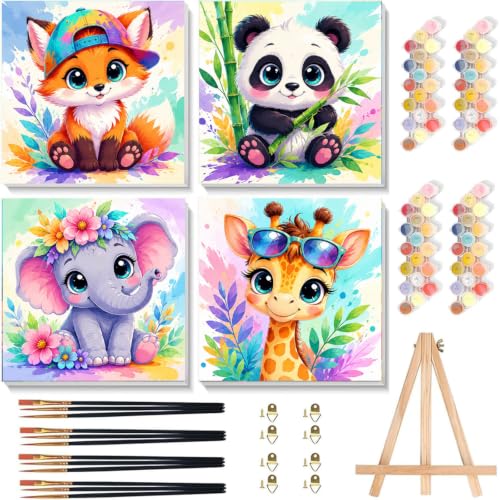 Arttoplus 4 Pack Paint by Numbers Kit for Kids with Frame 8x8inch, Animals | Cute Animals Kids Paint by Numbers Ages 4-8-12 with Wooden Easel, Easy Oil Painting by Number for Gift Home Wall Decor - color: BKH2716+BKH2717+BKH2718+BKH2719-US