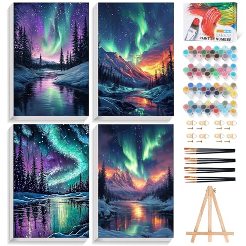 4 Pack Framed Paint by Numbers Kit for Adults Aurora with Wooden Easel - color: FOP4P-07