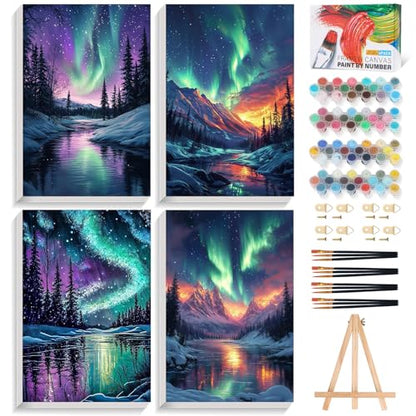 4 Pack Framed Paint by Numbers Kit for Adults Aurora with Wooden Easel - color: FOP4P-07