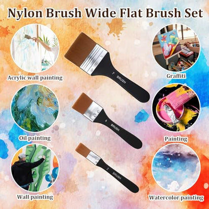3Pcs Wide Flat Acrylic Paint Brushes for Acrylic Painting Large Nylon Artist Paintbrushes Art Varnish Brush for Oil Watercolor Varnish Canvas Painting