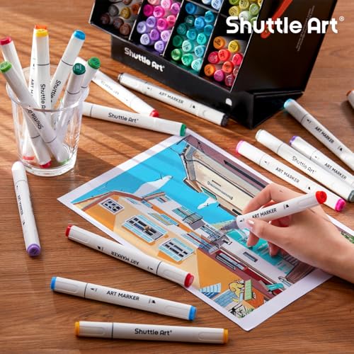 Shuttle Art 121 Colors Alcohol Markers, 120 Colors Dual Tip Art Marker Set Plus 1 Colorless Blender with Marker Case Perfect for Illustration Students Adult Coloring Sketching - color: 121 Colors