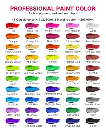 Acrylic Paint Set - 50 Colors 2 oz/59 ml Acrylic Paints for Professional Artists with 10 Brushes , Art Supplies for Painting Canvas Rock Wood Ceramic Glass Art Craft Painting, Rich Pigments Lasting Quality for Beginners, Students & Professional Artist - s