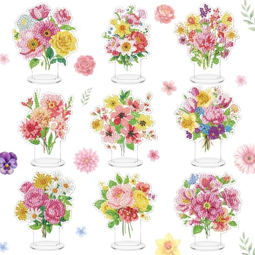 Kosiz 9 Pcs Flower Diamond Painting Tabletop Decorations Watercolor Floral Diamond Art Kits for Adults Double Sided Acrylic Flower Table Centerpieces for DIY Crafts Home Tabletop Gifts - style: Watercolor Flower