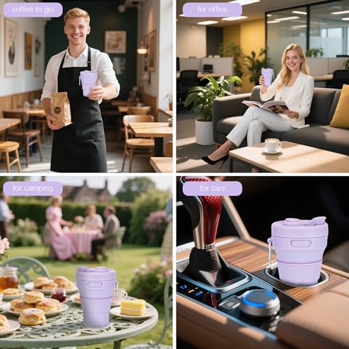 Silicone Collapsible Travel Mug Purple 15oz / 450ml - Leak-Proof Reusable Silicone Water Bottle for Hot and Cold Beverages - Travel Office and Home - Dishwasher Safe - Straw Included - color: Purple