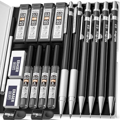 Nicpro 6 PCS Art Mechanical Pencil Set, Black Metal Drafting Pencil 0.3, 0.5, 0.7, 0.9 mm & 2PCS 2mm Graphite Lead Holder(4B 2B HB 2H) For Writing Sketching Drawing With 8 Lead Refills Eraser Case - color: Black
