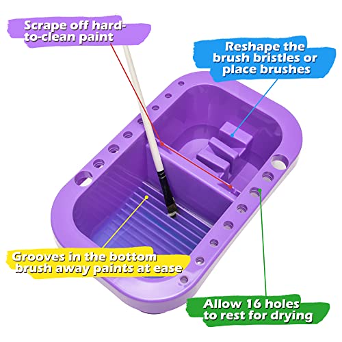 MyLifeUNIT Paint Brush Cleaner, Paint Brush Holder with Palette, Purple | 18 mixing wells, 16 slots fitting 0.24-0.63 in diameters, 3 washing compartments, removable tray lid - color: Purple