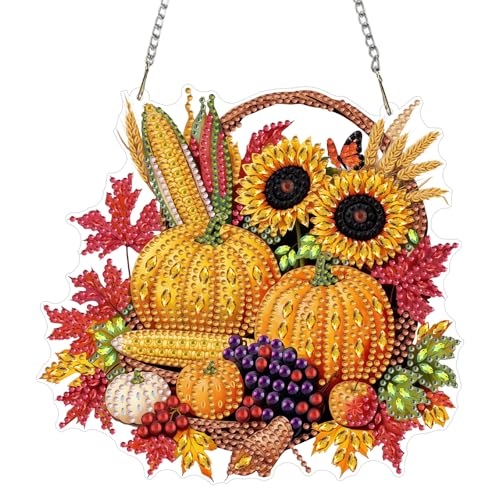 CEOVR Fumpkin Hanging Diamond Art for Adults, Fall Diamond Painting Pendant, DIY Special Shape Gem Art Window Ornament, Acrylic Home Wall Decor with Chain, Box Kit 7.87×7.48inch - color: 5-Pumpkin
