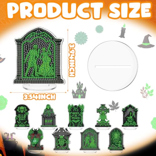 Kosiz 9 Pcs Halloween Diamond Painting Tabletop Decorations Tombstone Diamond Art Kits for Adults Double Sided Acrylic Tombstone Skull Centerpieces Sign for Table Beginner DIY Crafts Gifts Party Decor - style: Tombstones