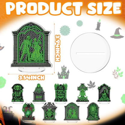 Kosiz 9 Pcs Halloween Diamond Painting Tabletop Decorations Tombstone Diamond Art Kits for Adults Double Sided Acrylic Tombstone Skull Centerpieces Sign for Table Beginner DIY Crafts Gifts Party Decor - style: Tombstones